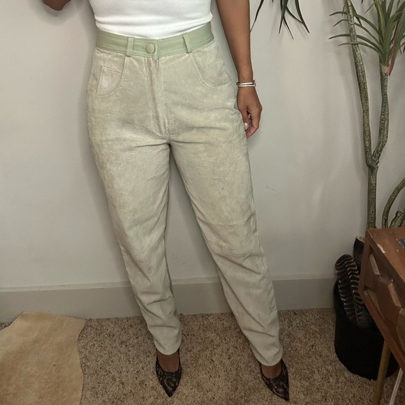 Vintage high waisted suede leather pants small date green straight leg trousers - Picture 1 of 12